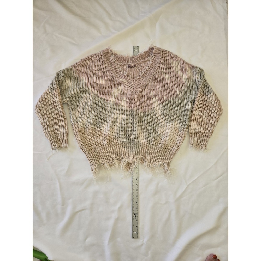 Distressed V-Neck Tie Dye Knit Sweater Women's Cropped Oversized Frayed Raw Hem